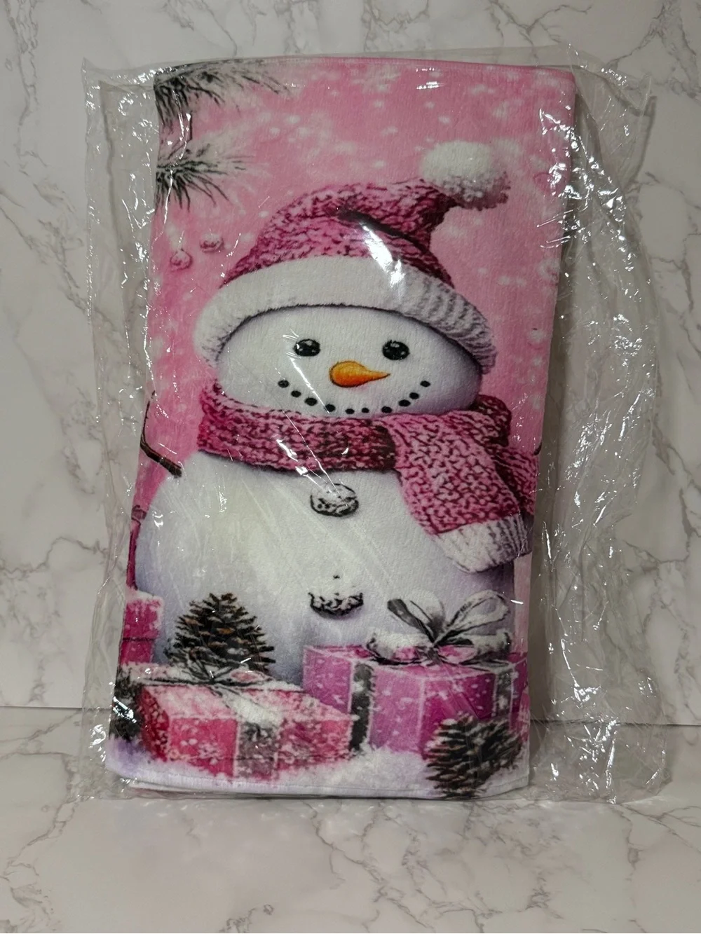 Pink Snowman Holiday Bathroom Set - Festive Shower Curtain & Mats